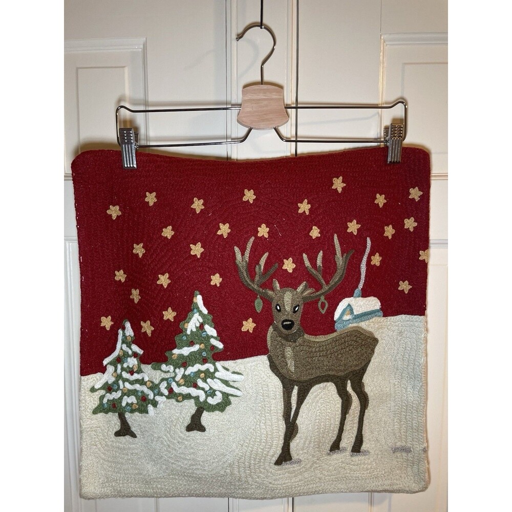 Pottery Barn Christmas Reindeer Embroidered Pillow Cover Red White Used 18x18